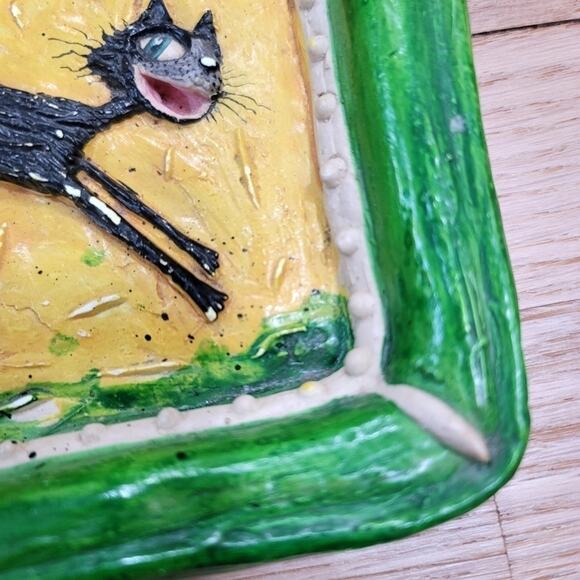 Vintage Signed Jumping Smiling Black Cat Wall Art Leaping Cat Kitten 1999 - Picture 6 of 16